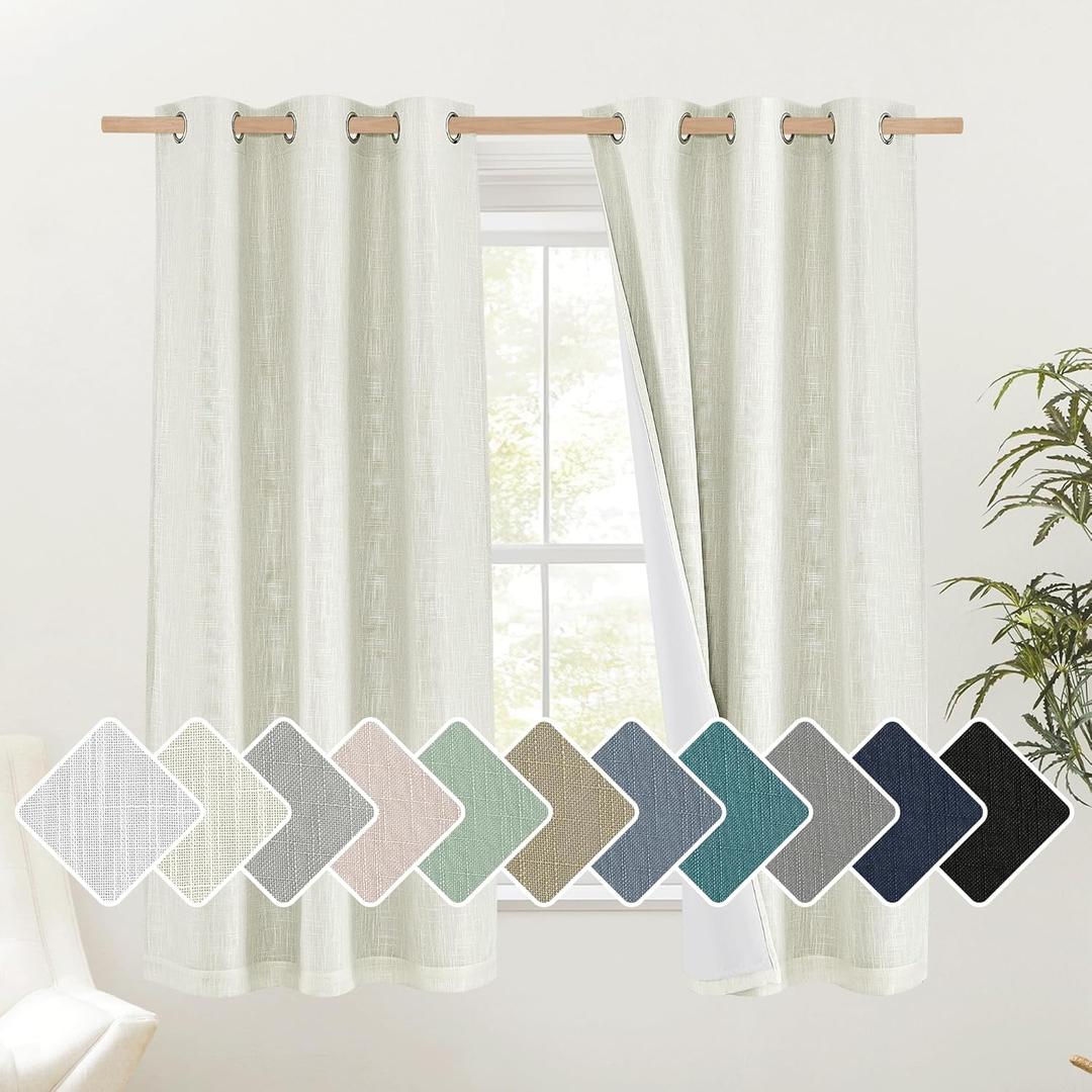 NICETOWN Beige 100% Blackout Linen Curtains 84 inch Long Burg for Living Room, 1 Pair, 52" Width Each Panel, Farmhouse Thick Completely Blackout Window Treatment Thermal Insulated Drapes