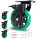 5 Inch Caster Wheels, Plate Casters Set of 4 Heavy Duty, Silent Swivel Casters with Brake, Polyurethane Castor Wheels for Furniture and Workbench Cart, Green