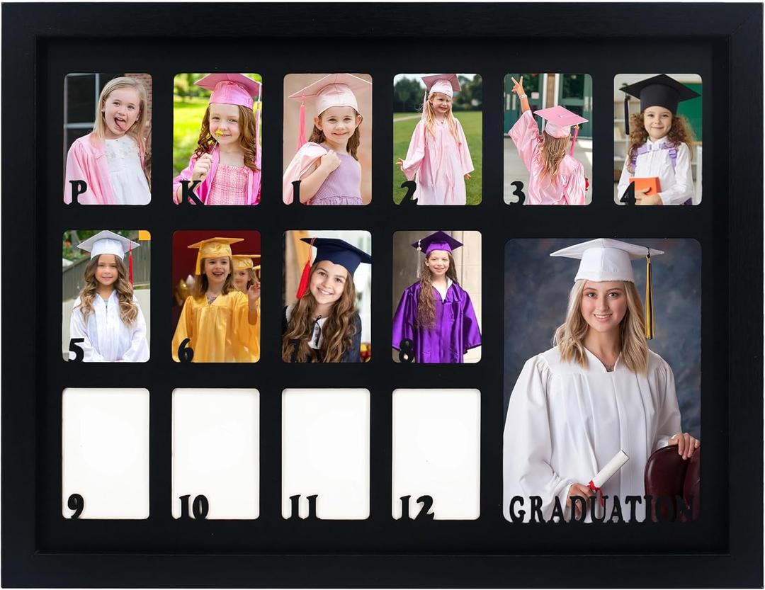 School Years Picture Frame Pre-K to 12, School Picture Frame Black Frame with Black Mat, Displays One 5x7 Photo and Fourteen 2.5x3.5 Pictures,Graduation Gift Souvenirs