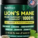Lions Mane Mushroom Capsules 1000mg, Brain & Focus Supplement, Vegan | Supports memory and mental clarity with L-Theanine, Ginkgo, Bacopa and B vitamins; non-GMO, made in USA; no stimulants