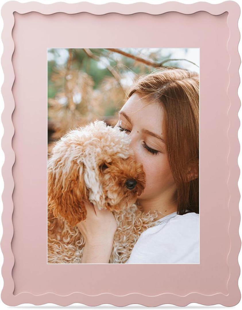11x14 Picture Frame with Mat for 8x10, Wavy Edge Wooden Real Glass Photo Frame for Tabletop and Wall Hanging, Pink, 1 Pack
