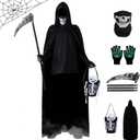 Halloween Grim Reaper Costumes Scary Adults Black Hooded Cloak Scythe Skull Mask Skeleton Gloves Candy Bags (Adult X-Large)
