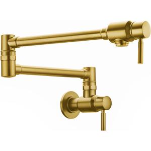 Wall Mount Spout Cold Water Only Double Lever Handle Brushed Brass Kitchen Sink Faucet Stove, Pot Filler Faucet with Dual Joint Swing Armk Sink Faucet, Brushed Old Gold-PVD