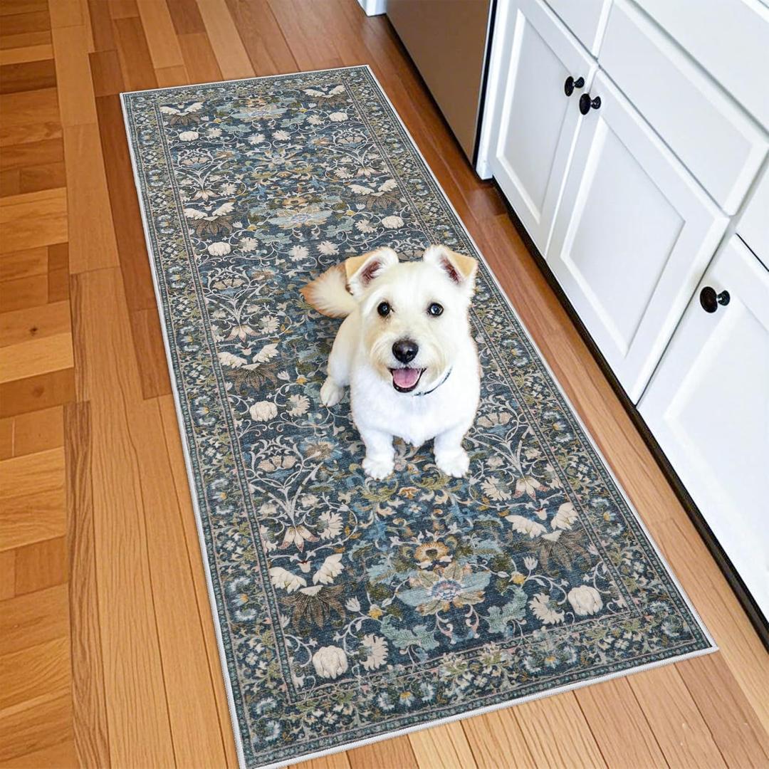 Washable Vintage 2x6 Bathroom Rugs: Soft Carpet with Non-Slip Backing for Hallway Entryway Kitchen Stain-Resistant Bedroom Floor Mat Gifts for Newlyweds/Household Home Decor (2x6,Floral/Blue)