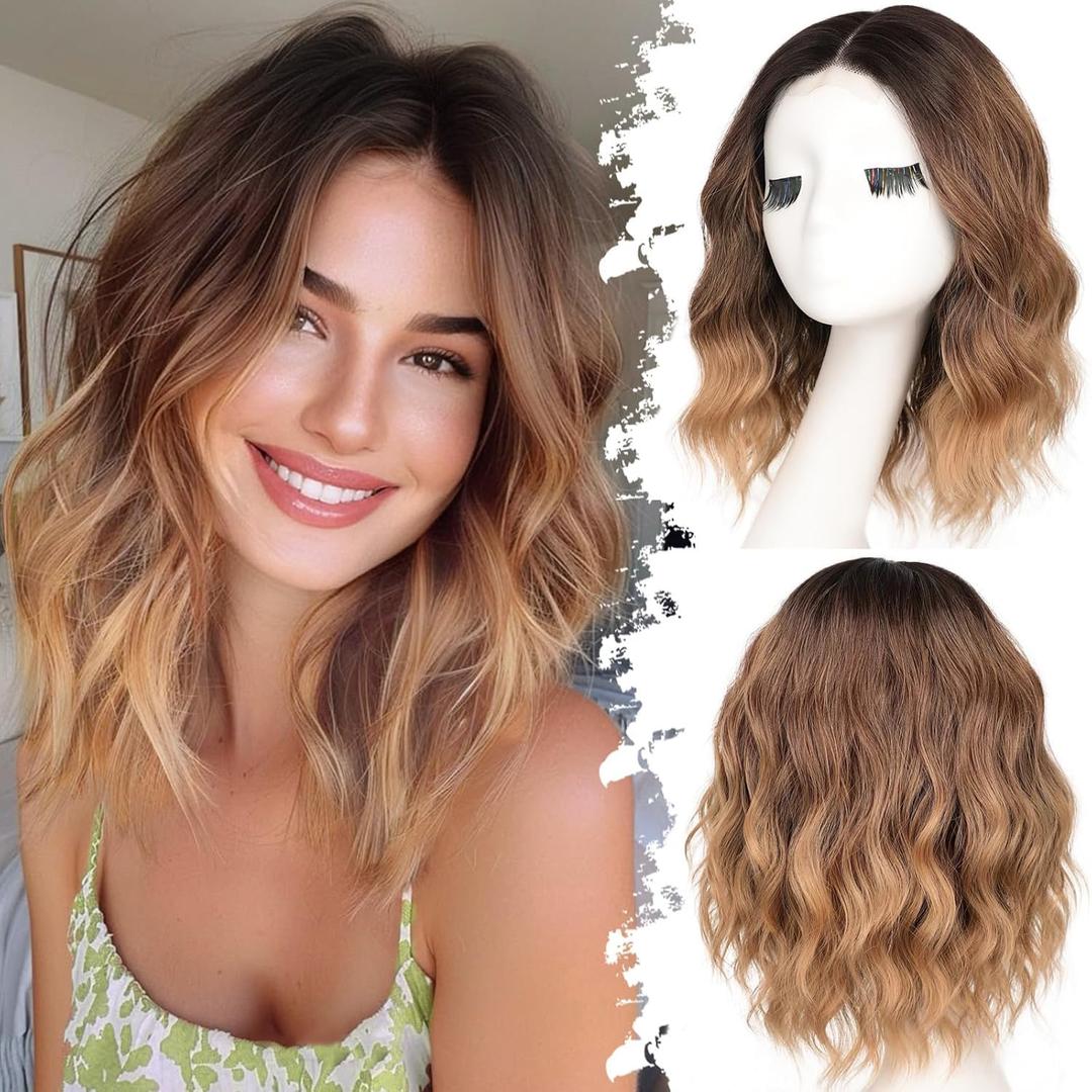 Brown to Honey Blonde Short Wavy Wig for Women Lace Hairline Bob Style Synthetic Heat Resistant - Natural Appearance for Everyday Hairstyle 14 Inch