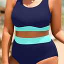 Plus Size Colorblock Two Piece High Waisted Bikini Set Scoop Neck Swimsuit, 16W