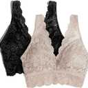 Smart & Sexy Women's Signature Lace Deep V Neck Wireless Bralette, Bralettes For Women With Support, Bralettes and Bralette Pack Black Hue/In the Buff L 2-pack
