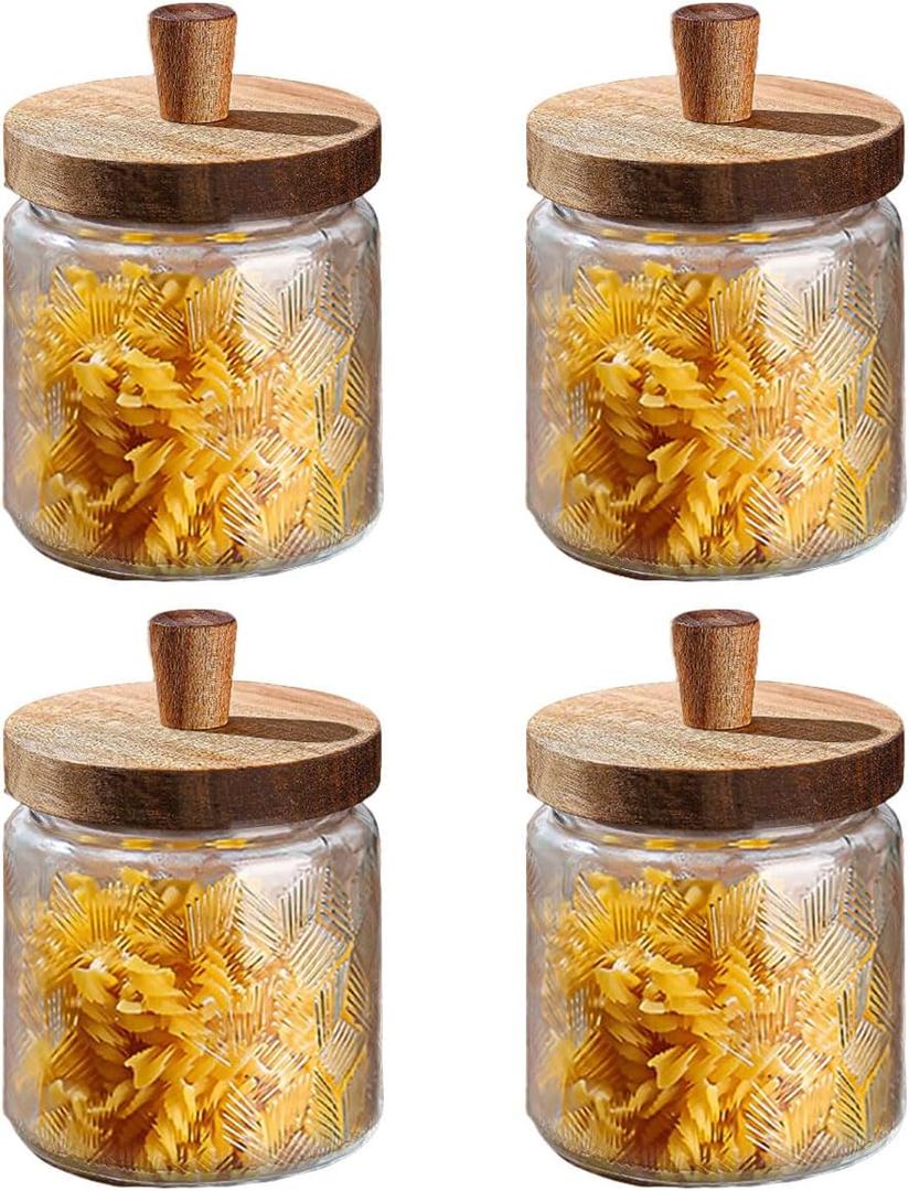 Vintage Glass Jars with Airtight Wood Lids & Handles - 16.9 OZ Set of 4 - Coffee Jars,Tea Canisters,Candy Jars for Flour,Sugar- Kitchen Pantry Containers (4, Rippling wheat pattern)