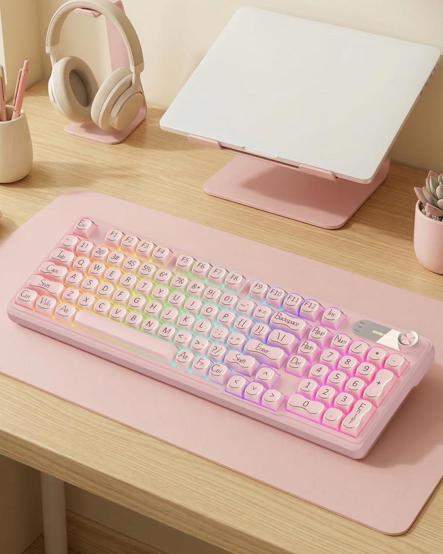 EWEADN V102 Wireless Keyboards, 98 Key Gaming Keyboard with Screen & Media Knob, Custom RGB Backlit, Tri-Mode BT5.0/2.4GHz/Wired Membrane Bluetooth Keyboard, Quiet Typing for Windows/MAC-Pink