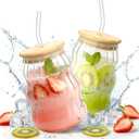 2 Packs Cute Glass Tumbler with Lid and Straw 16 oz Ice Coffee Cup Set for Smoothie Slushie Juice Matcha Tea Latte Cappuccino Espresso Hot Coffe Water Reusable Clear Travel Boba Aesthetic Drinking Mug (Cloud stripe-2 Pcs)