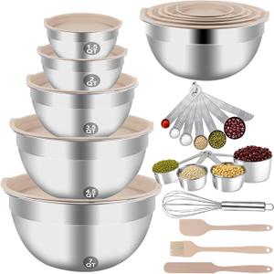 WEPSEN Mixing Bowls Set, 25PCS Khaki Mixing Bowls With Lids Set Stainless Steel Kitchen Large Nesting Metal Bowl 7QT to 1.5QT, Measuring Cups and Spoons for Prepping Cooking Serving, extra large