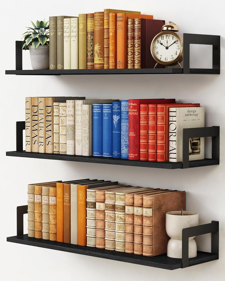 Harwaya 24 Inch Floating Shelves for Wall Set of 3, Wall Mounted Bookshelf, 8 Inches Deep Hanging Book Shelves for Living Room Bedroom Office Decor Closet Storage (Black)