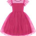 Arshiner Little Girl Dresses Contrast Mesh Ruffle Sleeve Birthday Holiday Princess Toddler Tulle Dress for 2-7 Years Old (5-6 Years, Hot Pink)