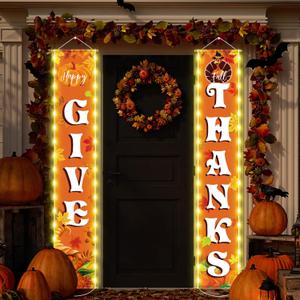 Give Thanks Hanging Banner Porch Sign with LED String Light Fall Pumpkin Maple Leaf Thanksgiving Banner Give Thanks Outdoor Banner for Indoor Outdoor Wall Door Party Decorations, 71 x 12 inch