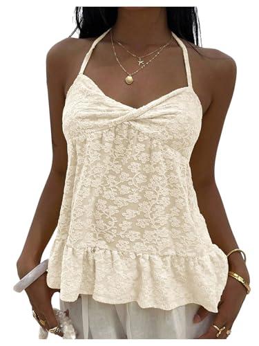 SOLY HUX Women's Floral Lace Halter Top Sleeveless Twist Flowy Camisole Vacation Coquette Clothes Plain Apricot Large