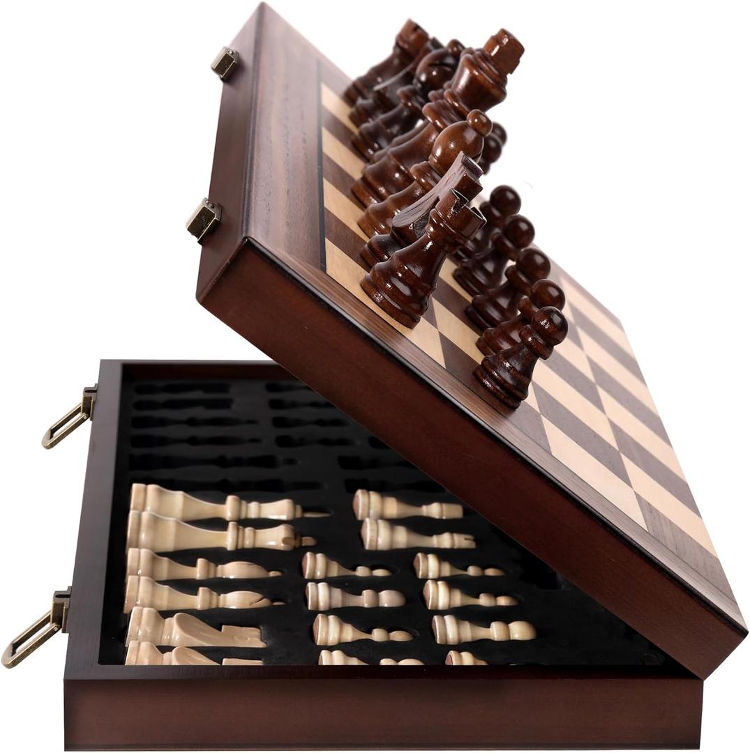 Magnetic 15" Wooden Chess Set, Portable Travel Folding Chess Board Sets Strategy Game for Adults & Kids for Chess Lovers, Beginners (Brown)