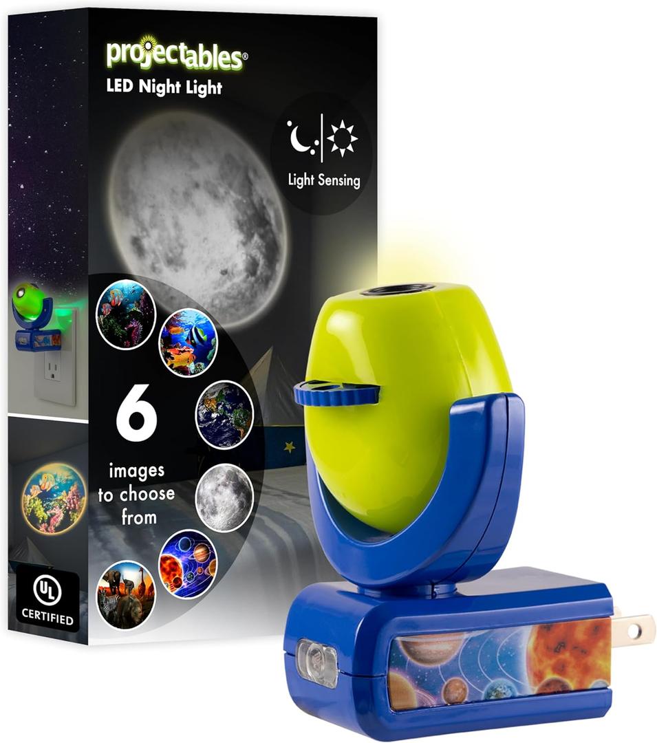 Projectables Six Image LED Plug-In Night Light, Light Sensing, Auto On/Off, Projects Solar System, Earth, Moon, Safari, Aquarium, and Coral Reef on Ceiling, Wall, or Floor 13347 (Green/Blue - Space, Earth & Wildlife)
