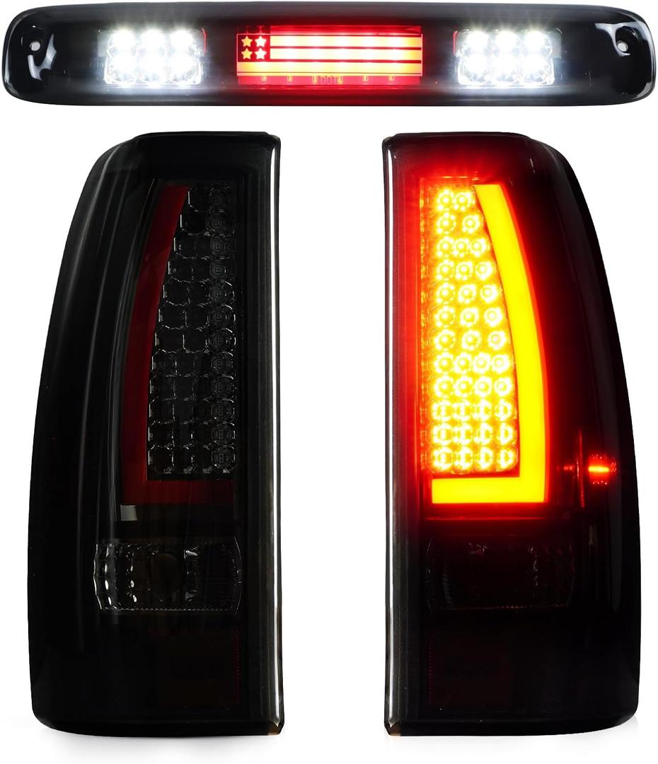 LED Tail Light + 3rd Brake Light Kit Fit for Chevy Silverado 1500 2500 HD 1999-2002, for GMC Sierra 1500 2500 HD Fleetside 1999-2003, Taillights and High Mount Stop Light, 3 Pcs, Smoke Lens