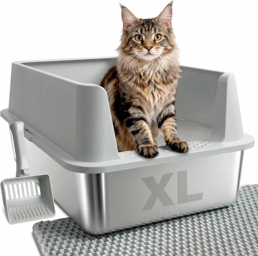 Stainless Steel Litter Box, XL Metal Cat Litter Box with Lid, Extra Large Cat Litter Boxes for Big Cats with High Sides, Leak Proof, Easy to Clean, No Stick, Odor Control, Include Scoop and Mat (XL(23" x 14.6" x 10"))