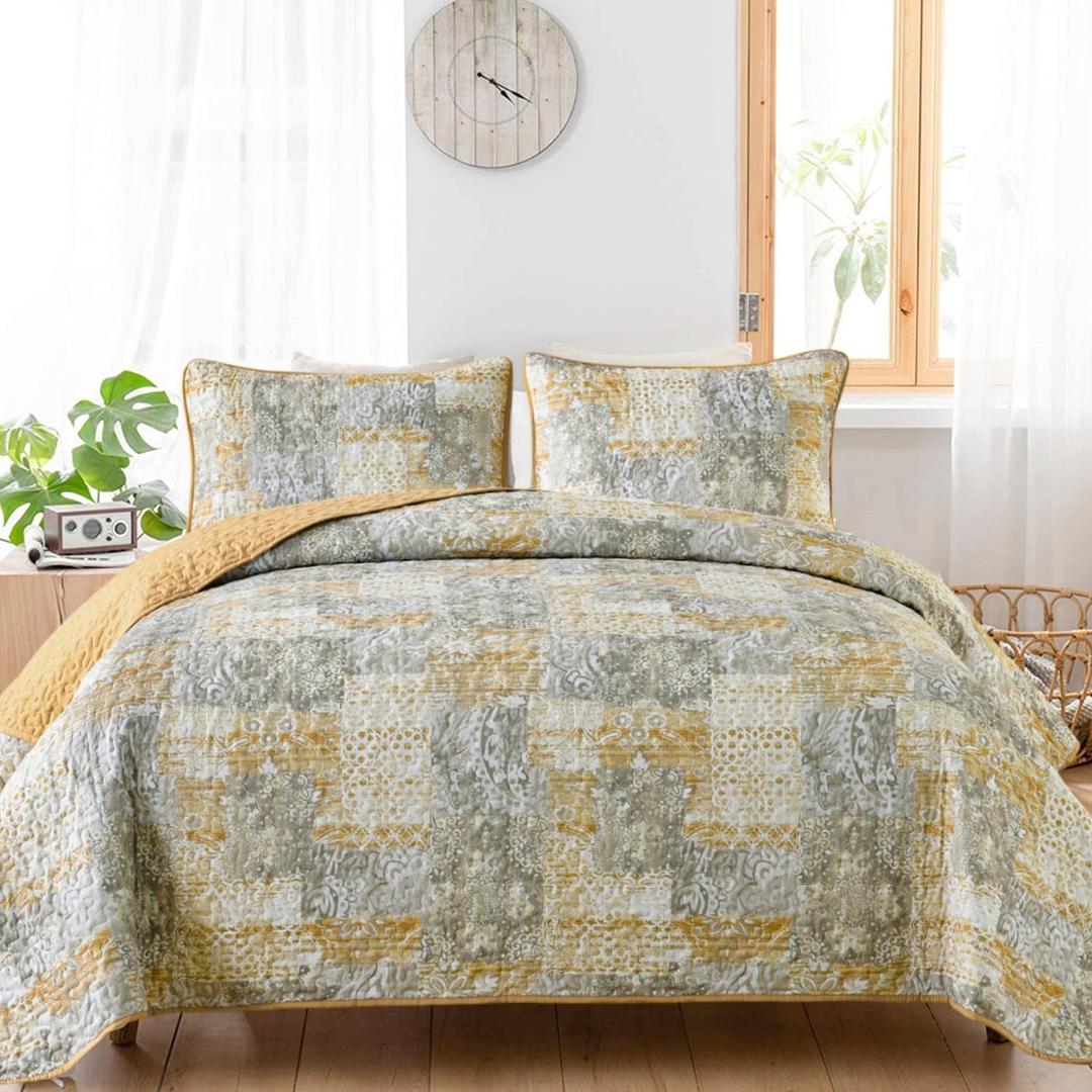Mybedsoul Yellow Boho Quilt Set King Size 3 Pieces Grey and Yellow Plaid Floral Bedding Set Microfiber Lightweight Bohemian Patchwork Bedspread Coverlet Set for All Season 90"x104"