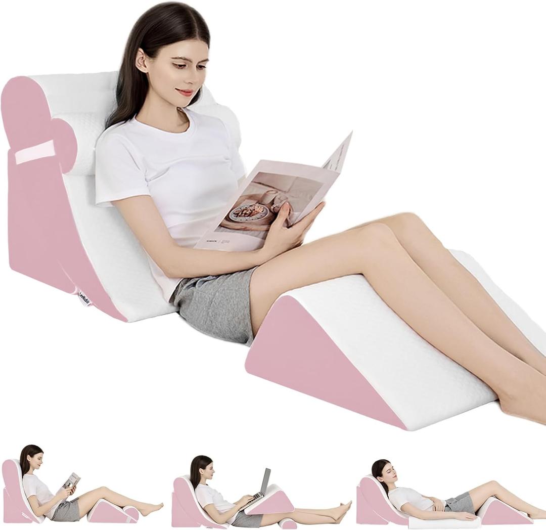 4PCS Orthopedic Bed Wedge Pillow Set for Post Surgery & Pain Relief, Adjustable Wedge Pillow for Back, Acid Reflux,Sitting up in Bed,Recovery, Snoring, Body Pillow for Sleeping (4PCS-22'', White/Pink)