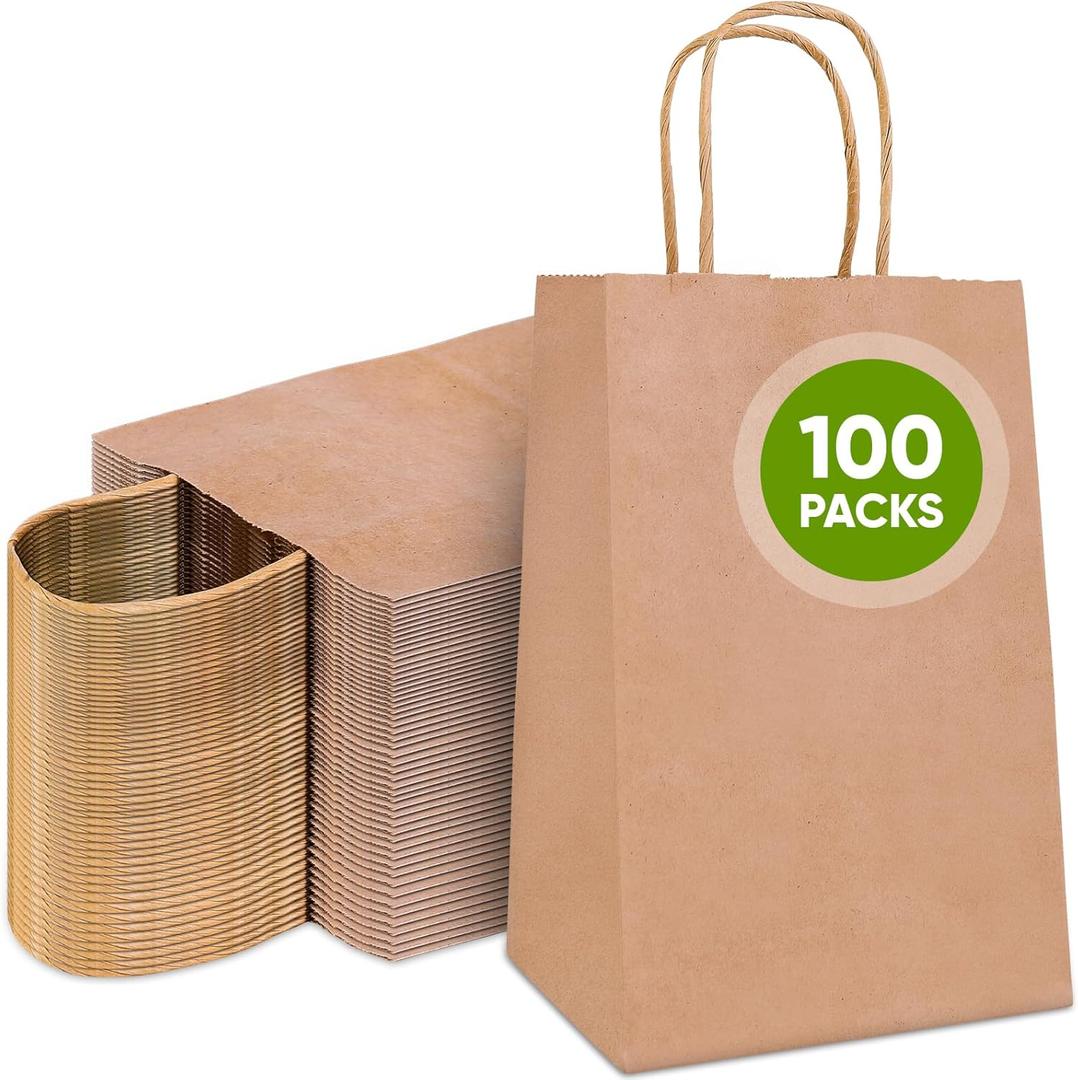 Tobvory Brown Paper Bags, 100pcs 5.25x3.75x8 Inches, Kraft Brown Paper Bags With Handles, Recycled Small Gift Bag With Handles, Ideal For Shopping Retail Grocery