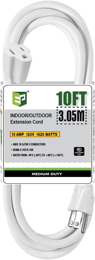 EP 10 Ft Outdoor Extension Cord - 16/3 SJTW White Electrical Cable with 3 Prong Grounded Plug