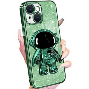 Buleens for iPhone 13 Case Astronaut, Clear Cases for iPhone 13 with Glitter Paper & Spaceman Stand, Women Girls Cute Electroplated Sparkly Space Phone Cover for 13 Green