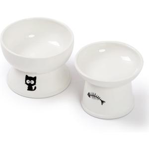 FOREYY Raised Cat Food and Water Bowl Set, Whisker Friendly Elevated Ceramic Cats Feeder Bowls with Anti Slip Ring, Anti-Vomiting Shallow High Porcelain Pet Kitten Dish, Dishwasher Safe(White)