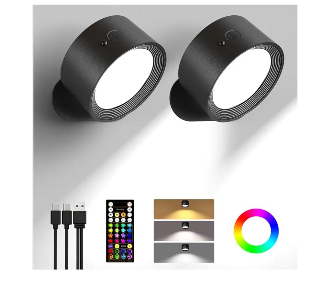 Wall Mounted Lights, 2 Pack Rechargeable RGB Color Changing Light, 3 Color Temps & Remote and Touch, 360°Rotation Dimmable Cordless for Study Bedroom Reading Bedside (Black)