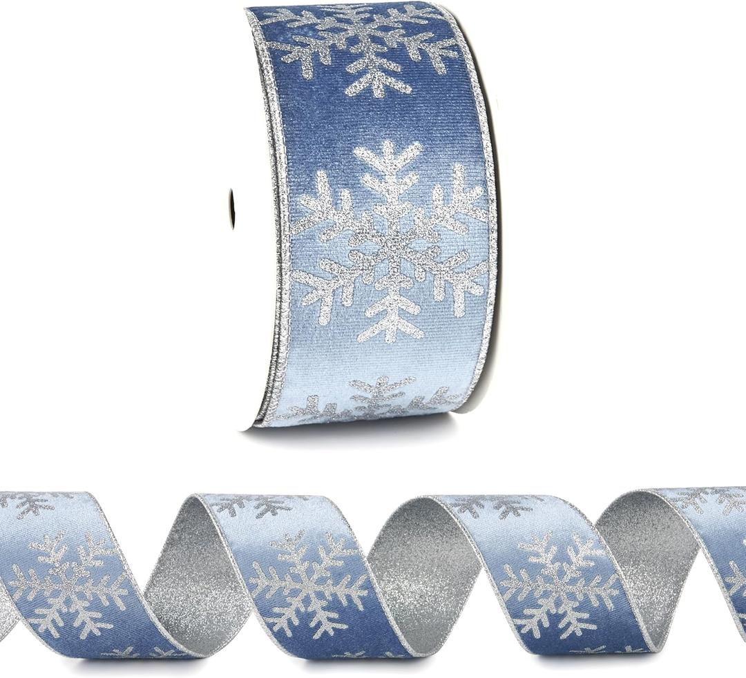 Snowflake Velvet Ribbon 2.5" x10 Yards Dusty Blue Velvet Ribbon with Silver Glitter Back Reversible Christmas Wired Light Blue for Tree Decorations, Wreaths, Garlands