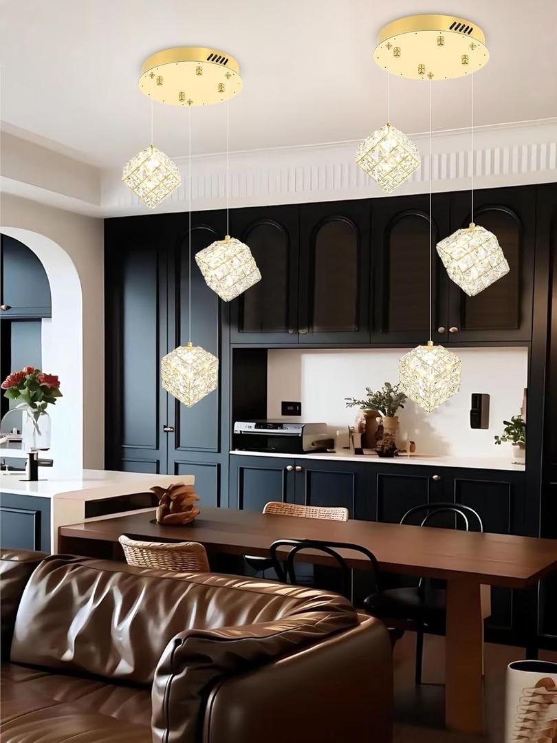 3-Lights Pendants Lightfor Kitchen lsland Chandeliers Dining Room,Square Entryway Light Fixture Hanging Adjustable Height Gold Crystal Chandeliers for Bedroom Hallway Foyer