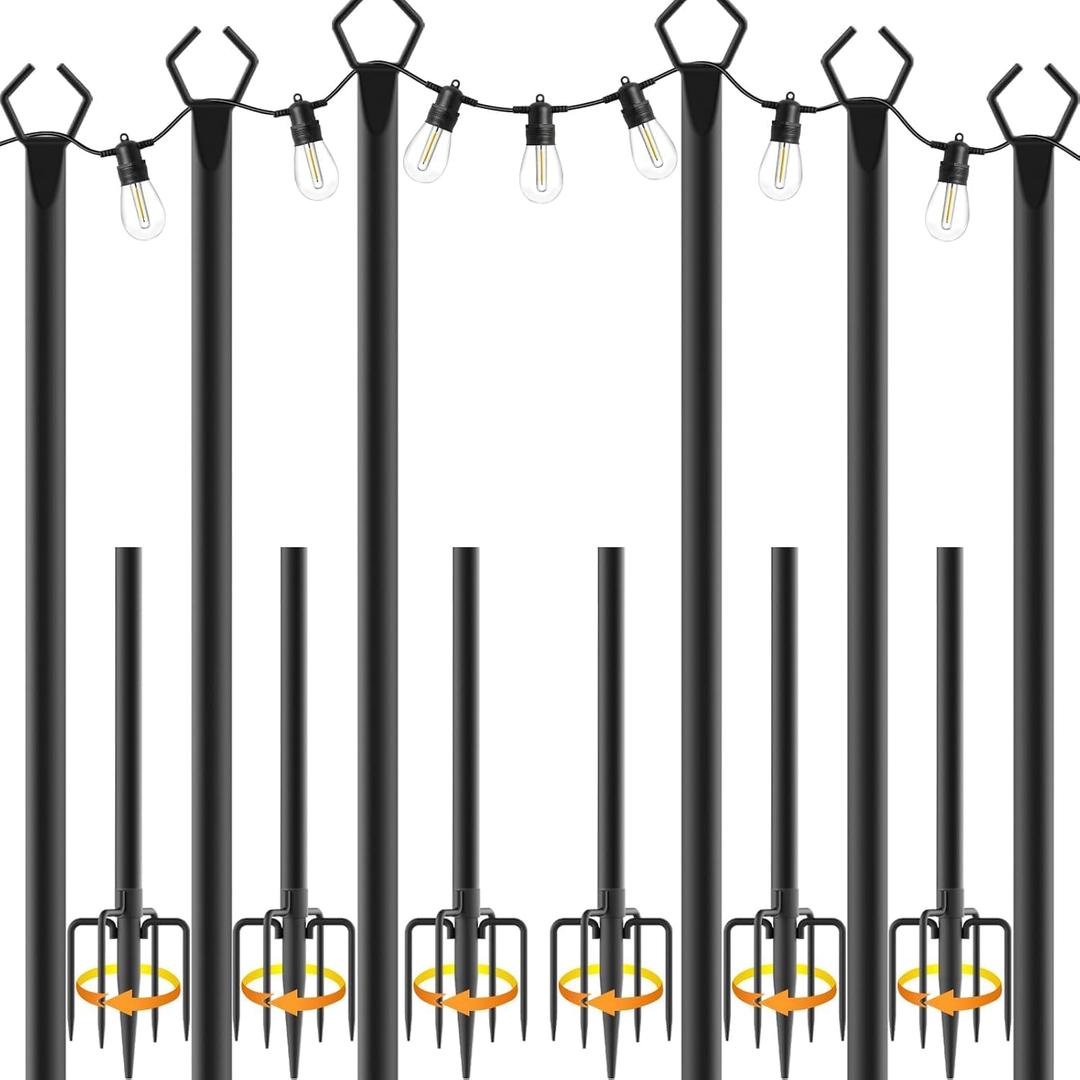 AILBTON 10Ft String Light Poles 6 Pack,Light Poles for Outside Lights,Outdoor with Fence Brackets Hanging Lights,Metal Stand Deck Patio Backyard