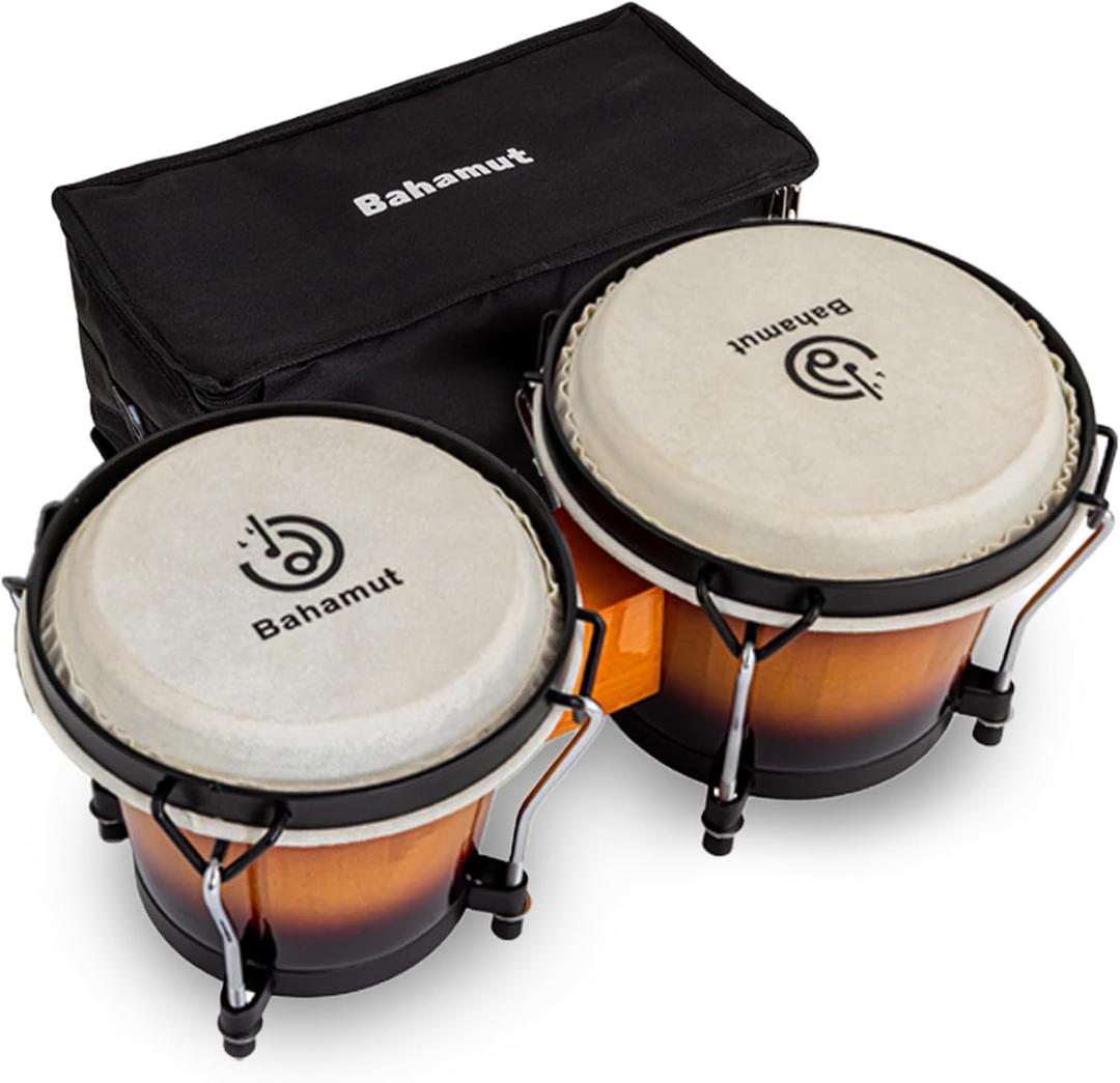 BAHAMUT Bongo Drum Set, 6"+7" Wooden Bongos Gift for Adults & Kids Beginners, Ideal Percussion for Education and Practice, Comes with Tuning Wrench & Waterproof Bag (Brown)