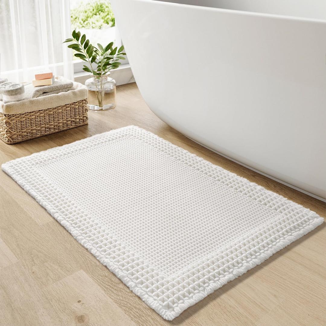 RESARE Waffle Bath Mat for Bathroom, Super Absorbent Bathroom Rugs Non Slip Machine Washable, Ultra Soft Quick Dry Boho Bath Rugs with Tassels for Floor, Upgraded Bordered Design, 18"x30" White (1'6" x 2'6" (Rectangular))
