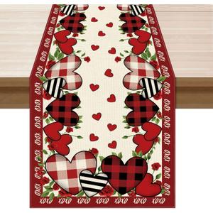 XCHI Buffalo Plaid Love Hearts Roses Flowers Valentine's Day Table Runner Table Decoration for Party Home Kitchen Dining Holiday Decor 13x108 Inch