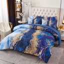 PERFEMET Watercolor Marble Printed Comforter Set Full Size 6 Pcs Blue Bed-in-A-Bag with Matched Bed Sheets Colorful Retro Artwork Style Bedding Comforter Sets(Blue, Full)
