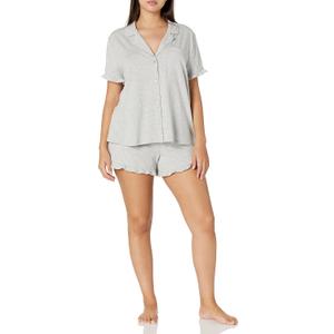 Amazon Essentials Women's Cotton Modal Piped Notch Collar Pajama Set, Comfortable Loungewear, Grey Heather Medium