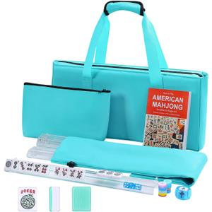 American Mahjong Game Set, 166 Light Green Tiles, 4 All-in-One Transparent Racks/Pushers, Complete Mahjong Tile Set, Light Blue Carrying Bag