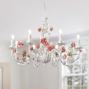 Vintage Flower Chandeliers Ceiling Light,White Metal Pendant Light with Pink Ceramic Rose,French Country E12 Candle Chandeliers for Bedroom Living Room,Girls Room,Kitchen,8 Light