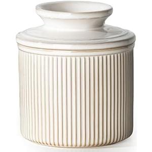 Getstar Large Ceramic Butter Crock with Lid for Countertop, 6OZ French Butter Dish Keeper for Spreadable Butter Water Seal with Elegant Embossed Pattern, Cream White