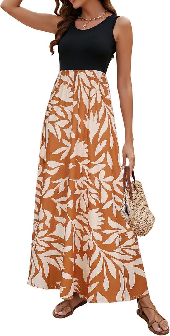 Sherosa Women Boho Chevron Striped Floral Printed Summer Sleeveless Tank Long Maxi Party Dress (Small)