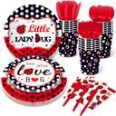 141 PCS Ladybug Fancy Birthday Party Supplies - Disposable Tableware Kit With Red and Black Polka Dot Plates, Cups, Napkins Sets - Serves 16 Guests