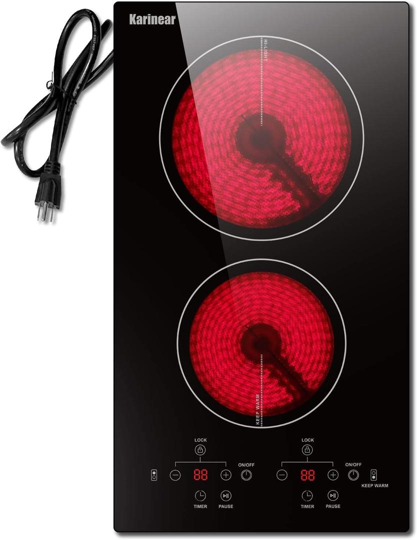 Karinear 2 Burners Electric Cooktop, 120v Plug in Ceramic Cooktop, 12 Inch Countertop & Built-in Electric Stove Top with Child Safety Lock, Timer, Over-Temperature Protection, Sensor Touch Control (Black)