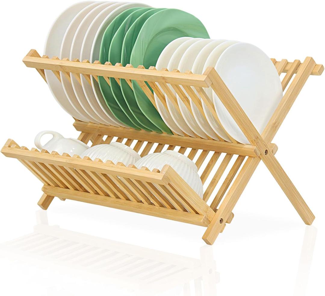 Bamboo Dish Drying Rack, Collapsible 2-Tier Dish Drainer Kitchen Plate Rack for Kitchen Countertop Foldable