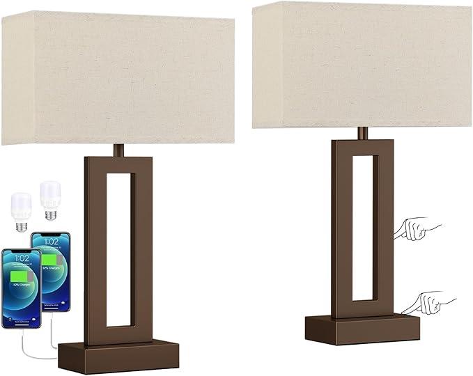 Seealle Bedroom Lamps for Night Stands - Touch Control, 3 Way Dimmable, USB C+A Charging, LED Bulbs, Easy Assembly(Yellow&Brown)