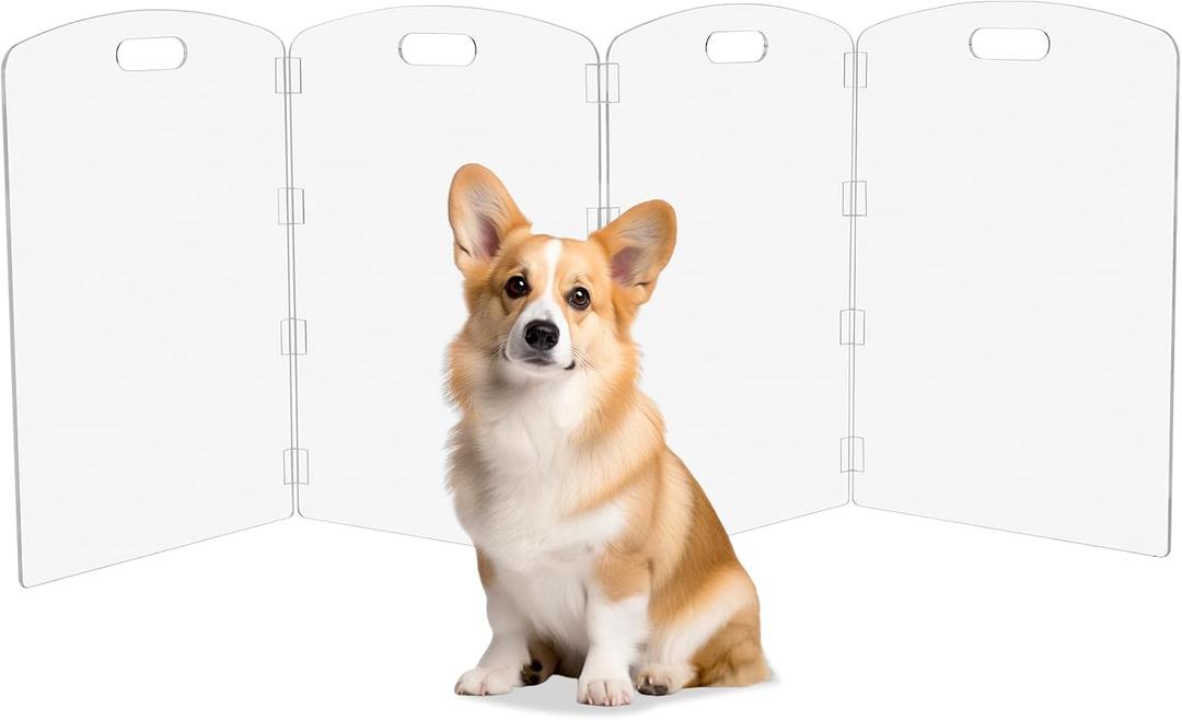 Modern Frame Clear Acrylic Freestanding Pet Gate - 24" High Extra-Wide Folding 4-Panel Dog Barrier for Doorways, Stairs & Large Openings, Indoor Fence for Dogs, Puppies & Cats