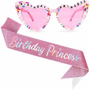 Birthday Girl Sash & Glasses Set - 'Birthday Princess' Pink Heart Shaped Sash & Glasses for Girls