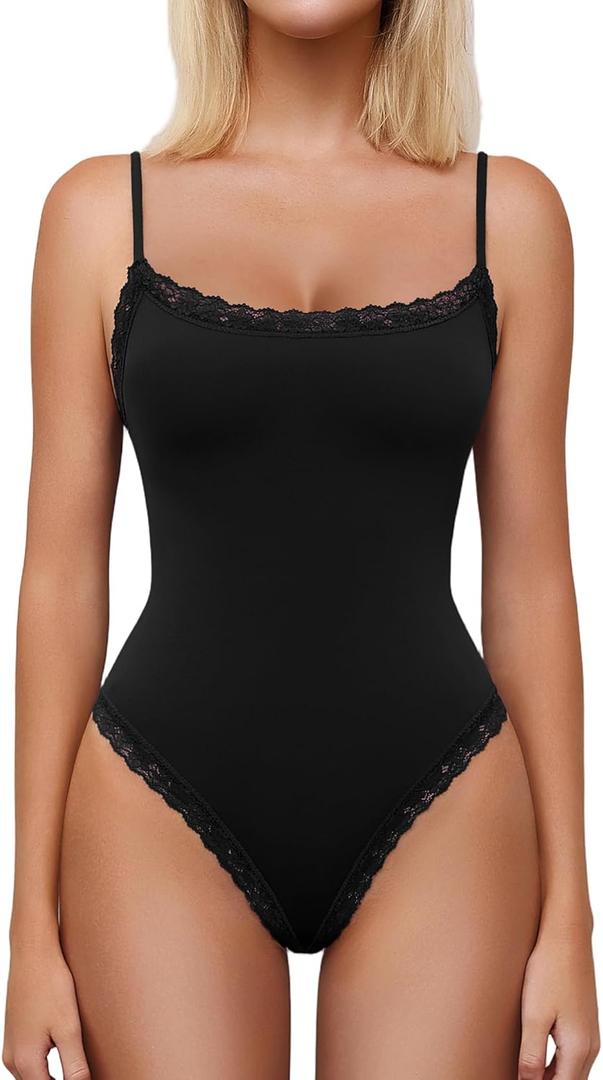 Avidlove Women Square Neck Lace Bodysuit Sleeveless Spaghetti Strap Tank Top Body Suits (Small, Black)