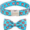 Unique style paws Valentine's Day Dog Collar with Bow Tie Blue Heart Puppy Collar Best Gift for Small Medium Large Boys Girls-XL (Blue MoM Love)